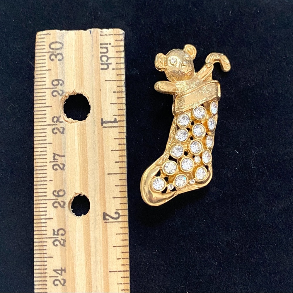 Jeweled Christmas Teddy Bear Stocking Elegant Accent Gold Brooch: - Picture 3 of 3
